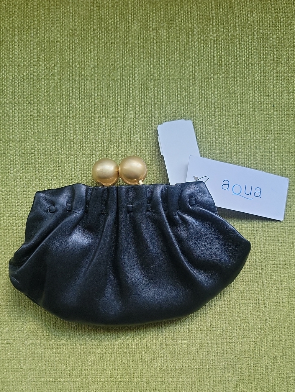 aqua Black Leather Clutch with Gold Kiss-Lock
